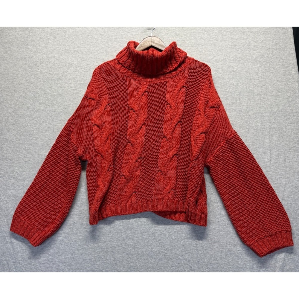 Womens Turtleneck Sweater M Red Chunky Cable Knit Ribbed Oversized Drop Shoulder